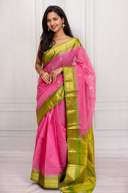 Pink Cotton Silk Saree with Lime Green Zari Border