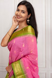 Pink Cotton Silk Saree with Lime Green Zari Border
