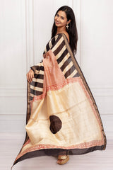 Elegant Stripes Cotton Saree in Black, Beige & Red