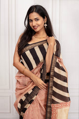 Elegant Stripes Cotton Saree in Black, Beige & Red