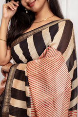 Elegant Stripes Cotton Saree in Black, Beige & Red