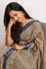 Geometric Elegance Cotton Saree with Blue Border