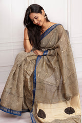 Geometric Elegance Cotton Saree with Blue Border