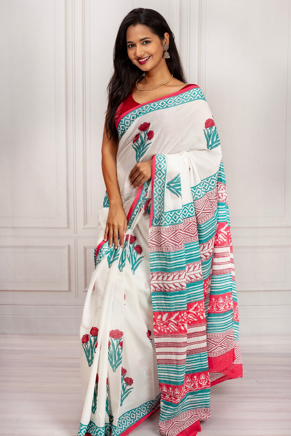 White Handcrafted Cotton Saree with Floral Prints