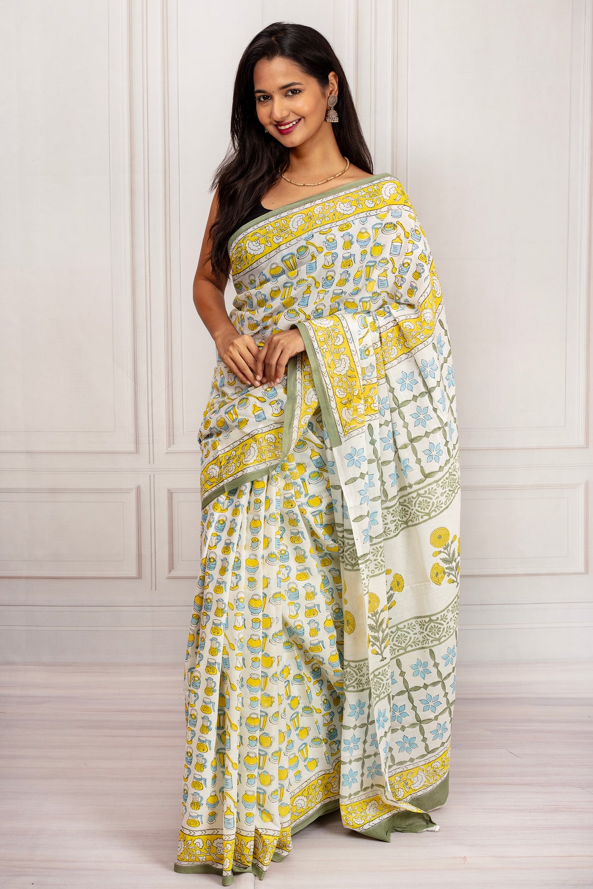 Sunlit Charm – Yellow & Blue Handcrafted Cotton Saree