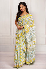 Sunlit Charm – Yellow & Blue Handcrafted Cotton Saree