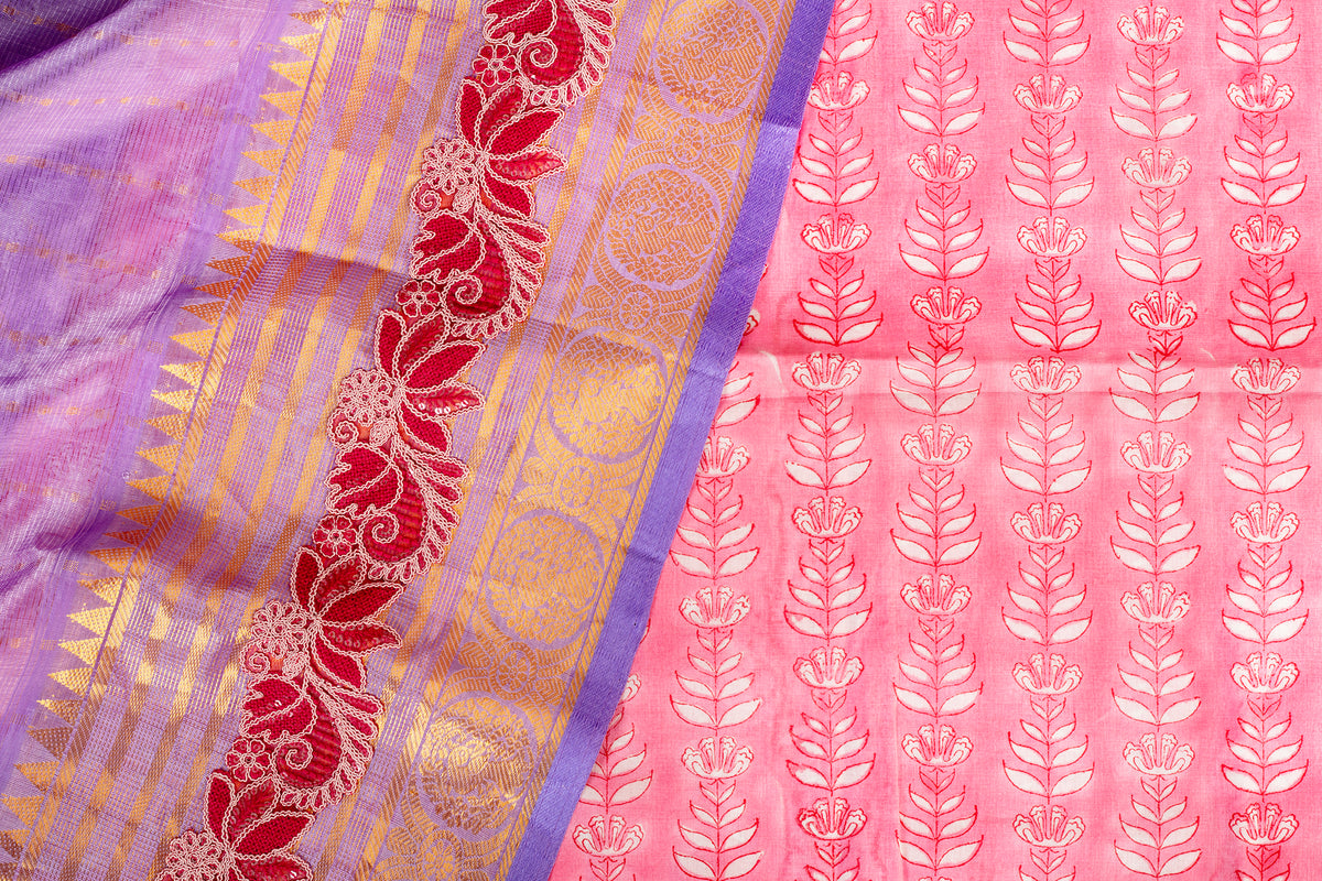 Elegant Lavender Silk Cotton Saree with Contrast Border & Zari Lace
