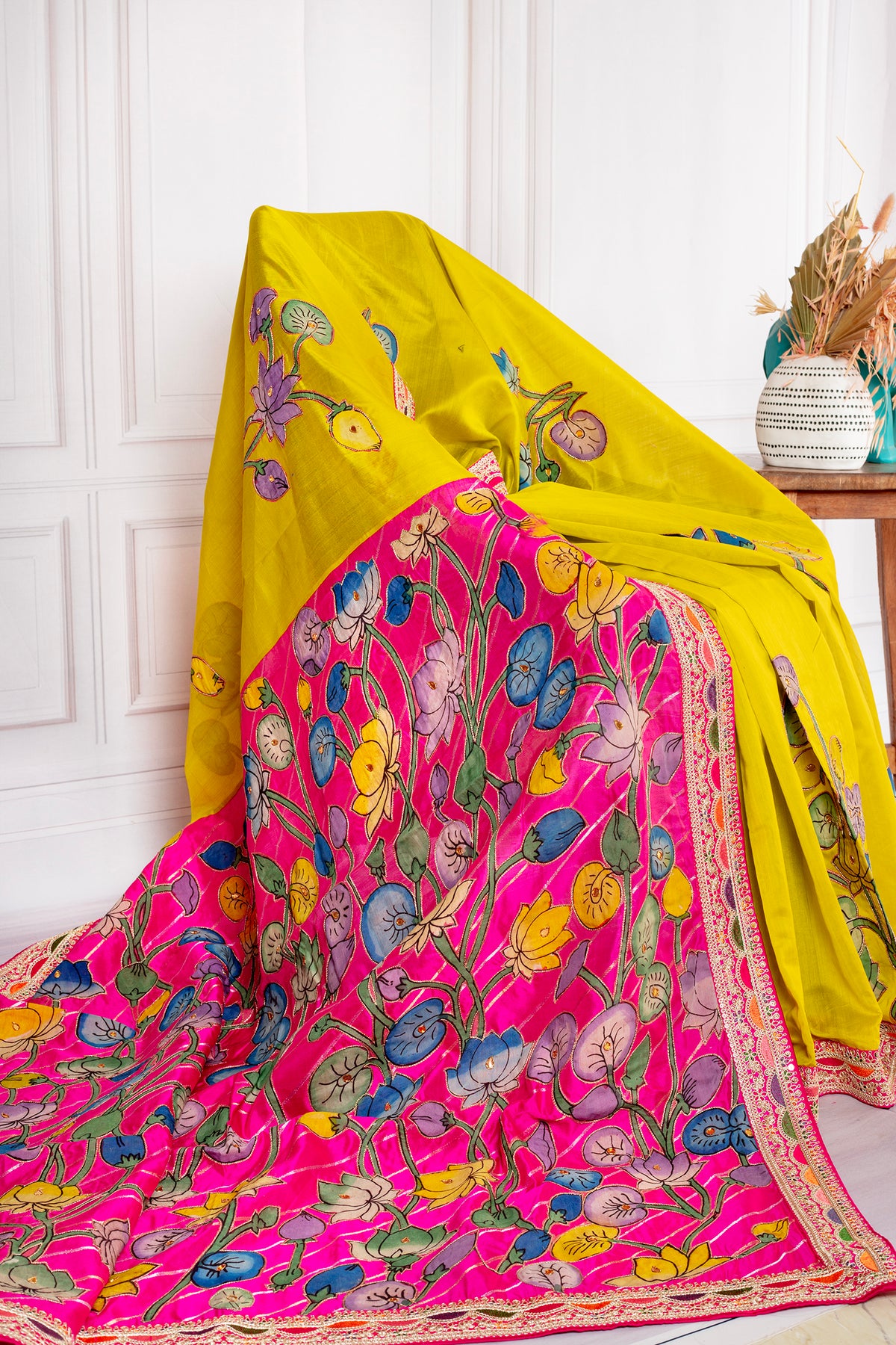 Chanderi Saree with Kalamkari Patch Embroidery