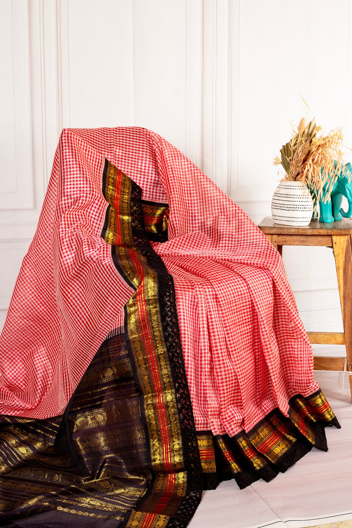 Red Checkered Chanderi Silk Cotton Saree with Black Lace Border