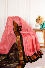 Red Checkered Chanderi Silk Cotton Saree with Black Lace Border