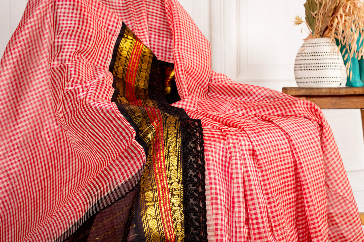 Red Checkered Chanderi Silk Cotton Saree with Black Lace Border