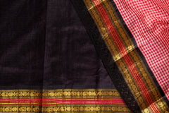 Red Checkered Chanderi Silk Cotton Saree with Black Lace Border