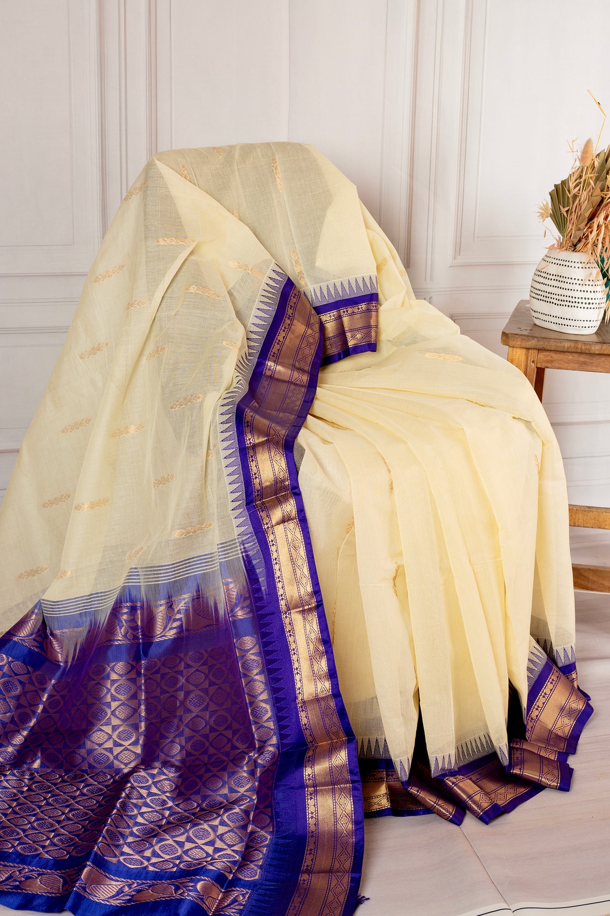 Ivory Cream Silk Cotton Saree with Royal Blue Zari Border