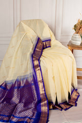 Ivory Cream Silk Cotton Saree with Royal Blue Zari Border