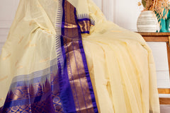Ivory Cream Silk Cotton Saree with Royal Blue Zari Border