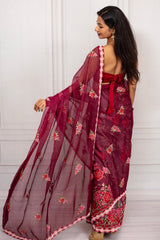 Wine Rose Royale – Embroidered Organza Saree