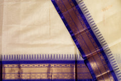 Ivory Cream Silk Cotton Saree with Royal Blue Zari Border