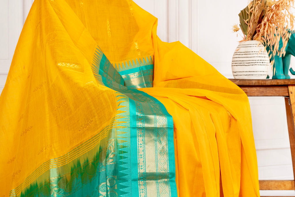 Bright Yellow Silk Cotton Saree with Emerald Green Zari Border