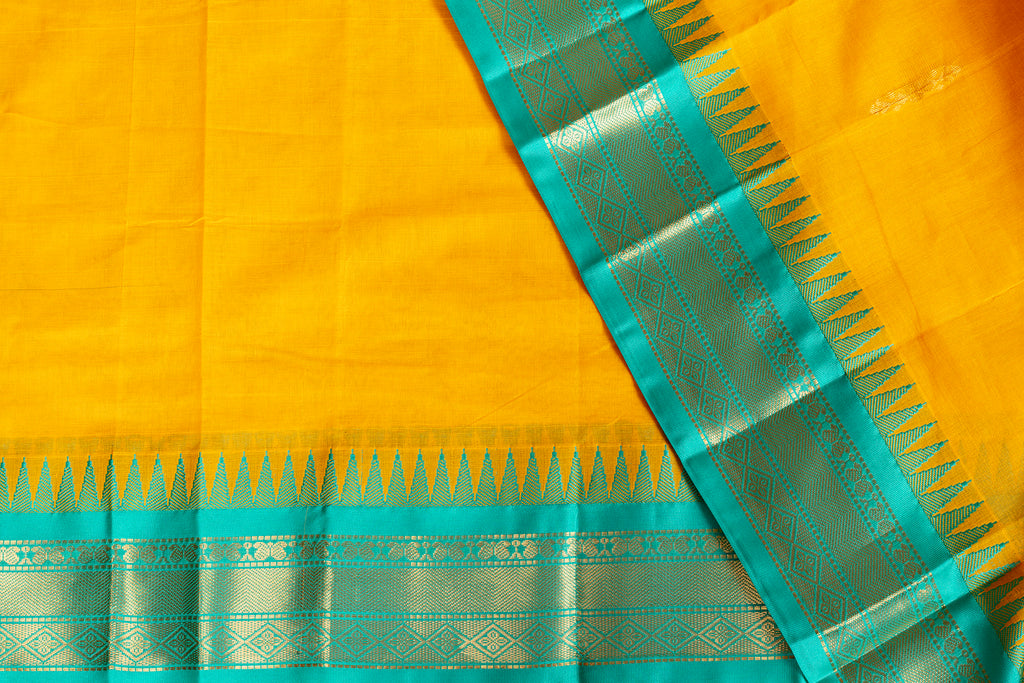 Bright Yellow Silk Cotton Saree with Emerald Green Zari Border