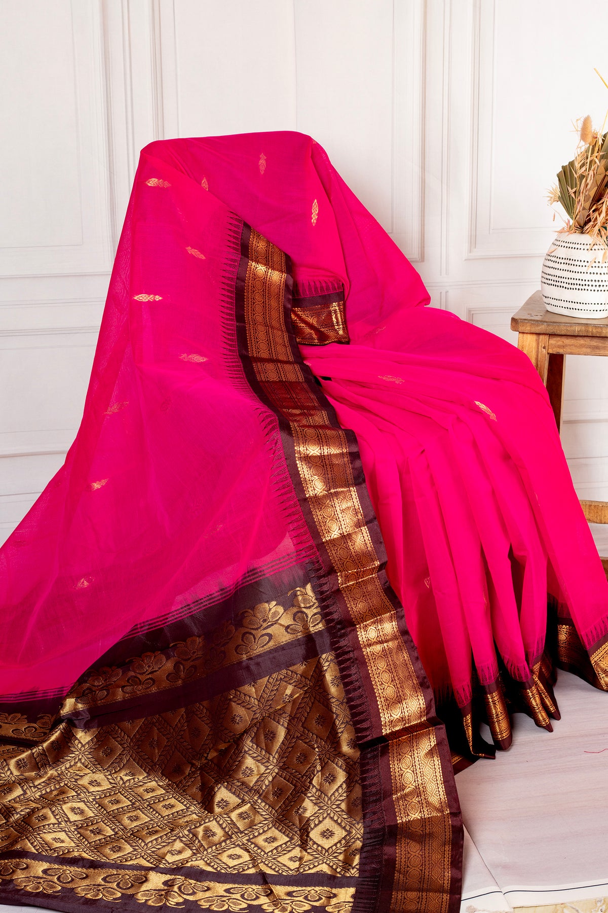 Rani Pink Silk Cotton Saree with Antique Gold Zari Border