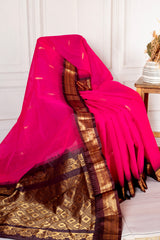 Rani Pink Silk Cotton Saree with Antique Gold Zari Border