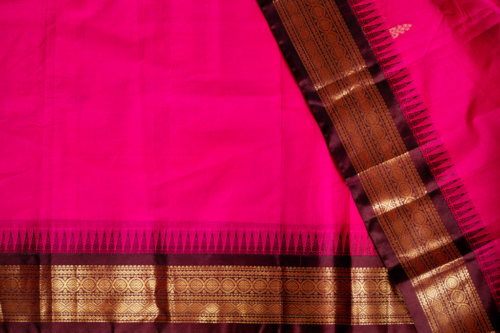 Rani Pink Silk Cotton Saree with Antique Gold Zari Border