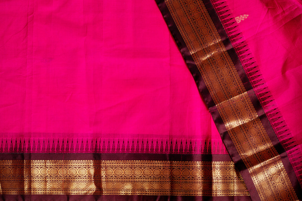 Rani Pink Silk Cotton Saree with Antique Gold Zari Border
