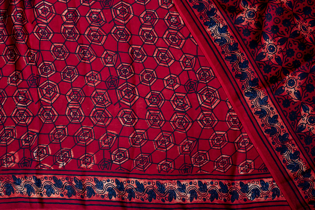 Elegant Red Modal Saree with Timeless Ajrakh Print