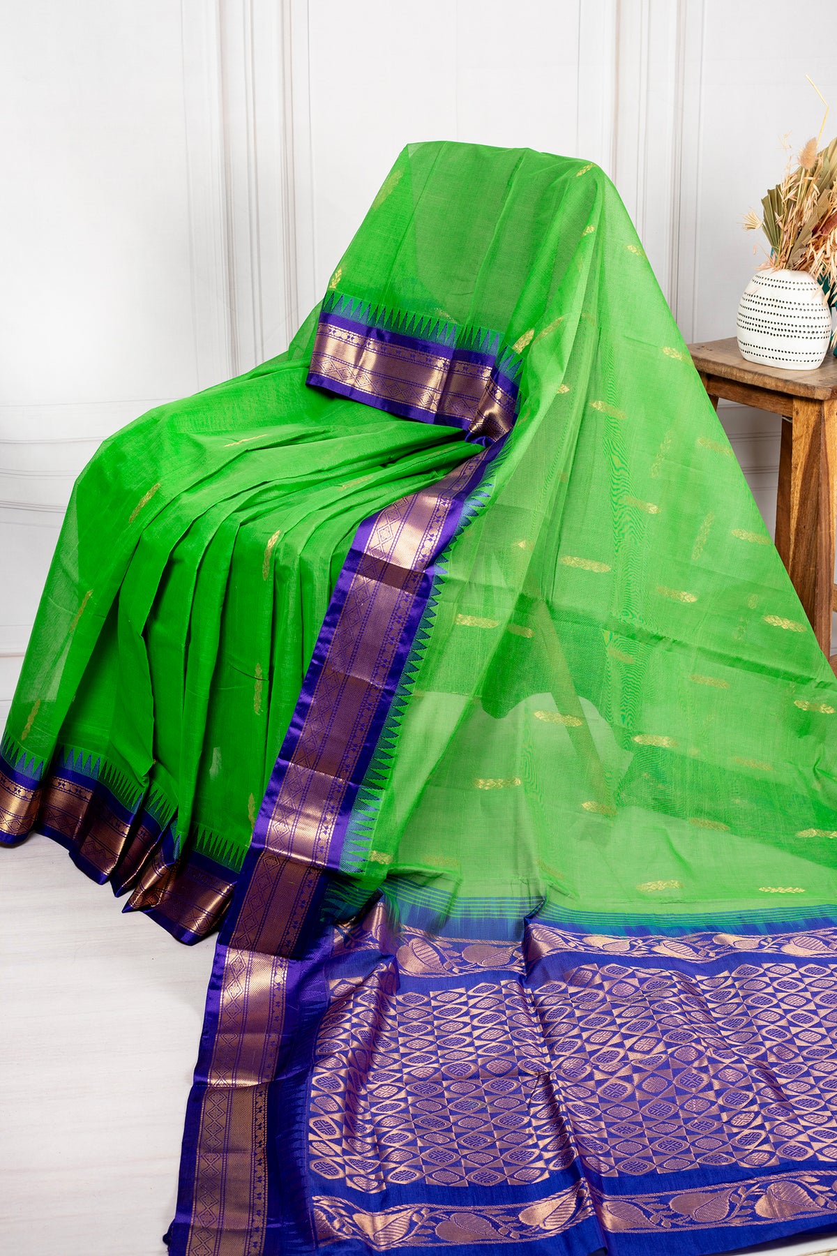 Radiant Green Chanderi Silk Cotton Saree with Royal Blue Zari Border