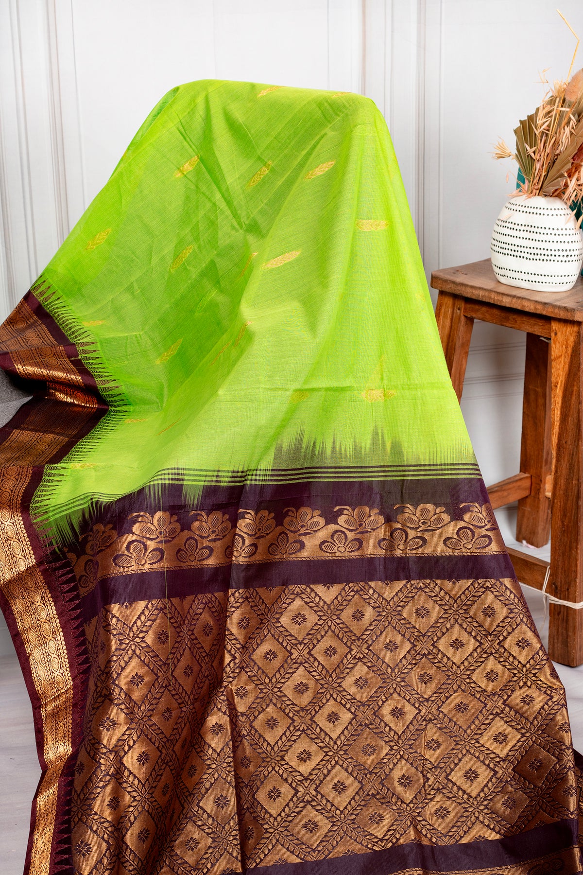 Fresh Lime Green Chanderi Silk Cotton Saree with Rich Coffee Brown Zari Border