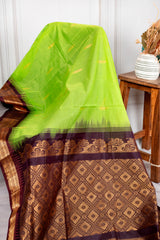Fresh Lime Green Chanderi Silk Cotton Saree with Rich Coffee Brown Zari Border
