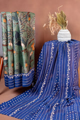 Olive Green Printed Unstitched Salwar Set with Royal Blue Chanderi Dupatta