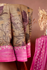 Beige Gold Tussar Silk Unstitched Salwar Suit with Rani Pink Embroidered Dupatta