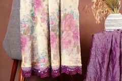 Cream Floral Print Unstitched Salwar Suit with Crushed Purple Dupatta