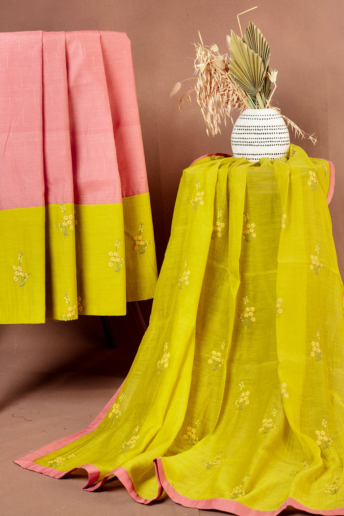 Elegant Pink Chanderi Cotton Top with Lime Green Embroidered Dupatta