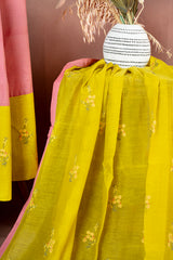Elegant Pink Chanderi Cotton Top with Lime Green Embroidered Dupatta