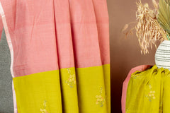 Elegant Pink Chanderi Cotton Top with Lime Green Embroidered Dupatta