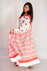 White & Red Handloom Cotton Saree with Heart Motif Print