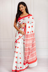 White & Red Handloom Cotton Saree with Heart Motif Print