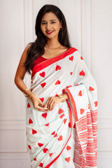 White & Red Handloom Cotton Saree with Heart Motif Print