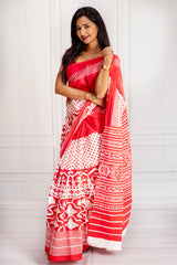 Red & White Handcrafted Cotton Saree with Artistic Prints