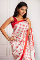 Elegant White & Red Cotton Saree – A Perfect Blend of Tradition and Charm