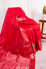 Radiant Crimson Silk Cotton Saree with Elegant Zari Weave
