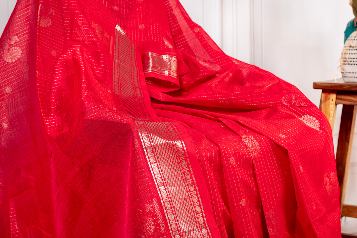 Radiant Crimson Silk Cotton Saree with Elegant Zari Weave