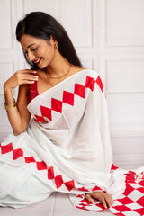 Graceful White & Red Cotton Saree – Effortless Elegance in Every Drape