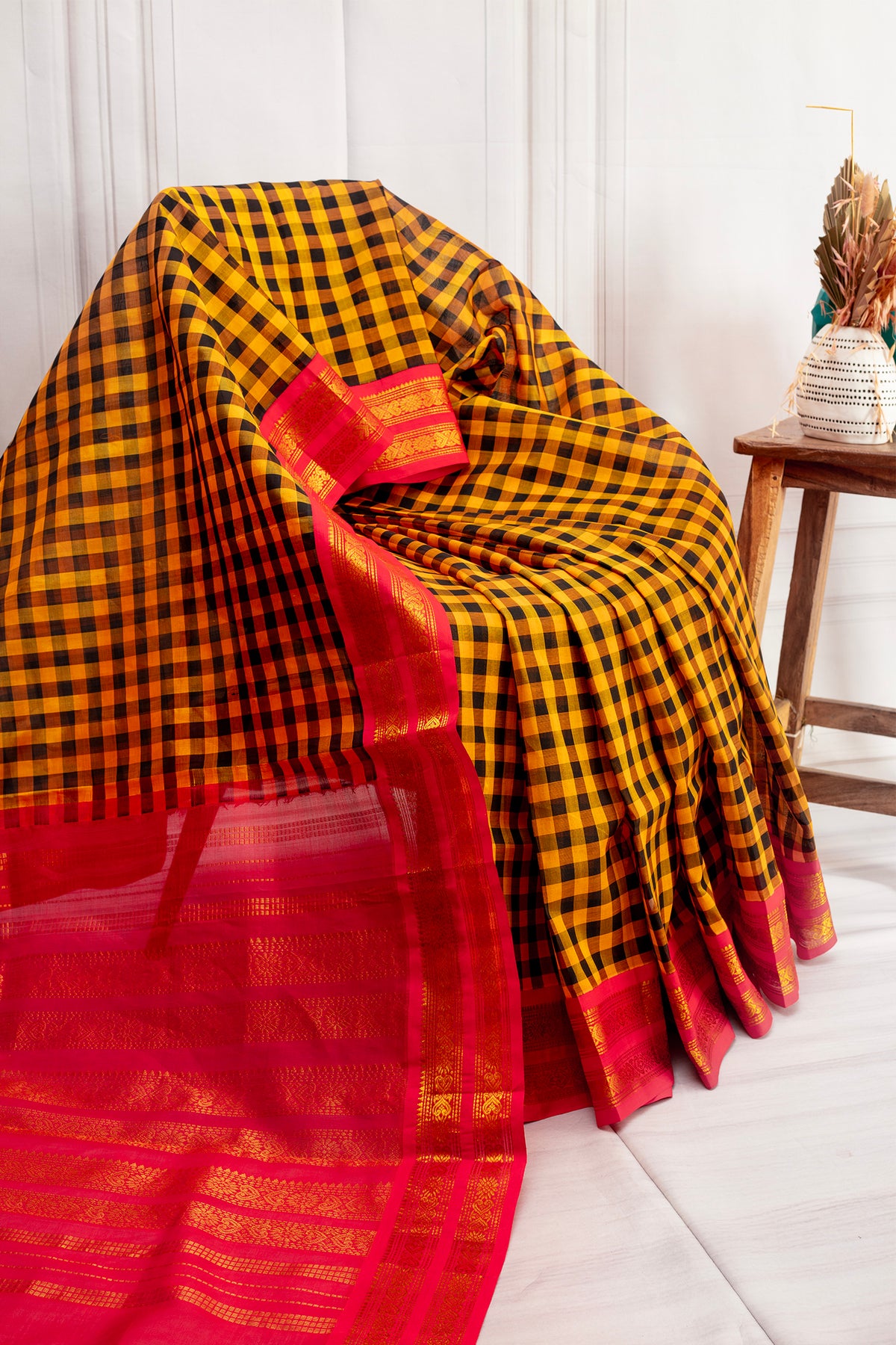 Mustard Checkered Silk Cotton Saree with Vibrant Pink Zari Border