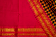 Mustard Checkered Silk Cotton Saree with Vibrant Pink Zari Border