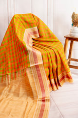 Vibrant Orange & Green Checked Silk Cotton Saree with Elegant Gold Zari Border