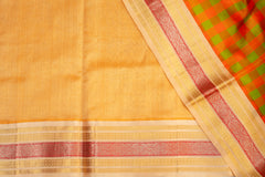 Vibrant Orange & Green Checked Silk Cotton Saree with Elegant Gold Zari Border