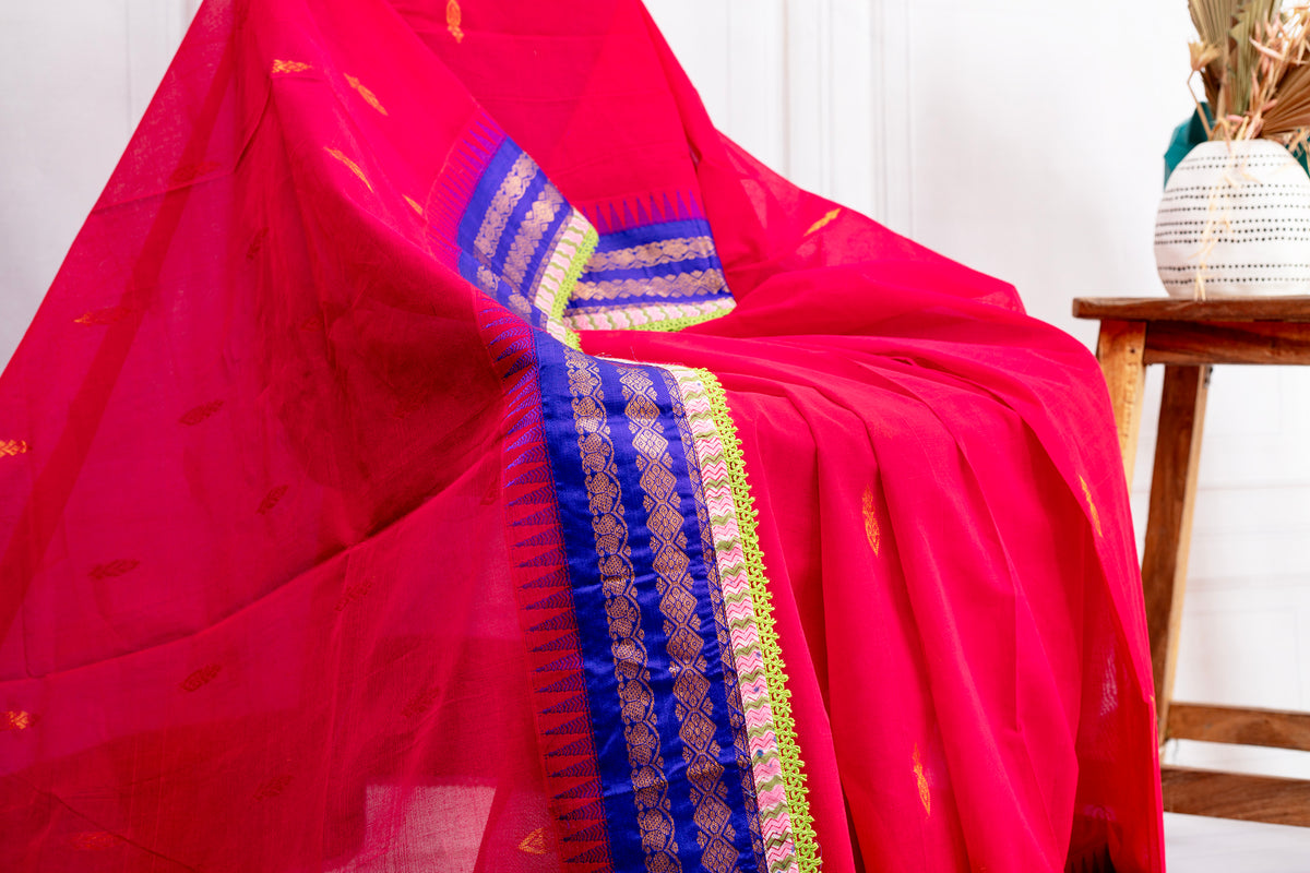 Elegant Red Silk Cotton Saree with Royal Blue Cotton Border & Dye Lace Detailing